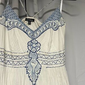 Le Chateau White and Blue Embroidered Dress